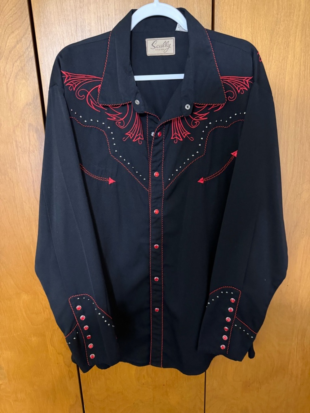 Scully Black Shirt with Red Western Embroidery